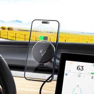 Qi2 Wireless Car Phone Charger Holder Compatible with MagSafe for Tesla Model, 15W Fast Charging Car Phone Mount Foldable Invisible Cradle Stand Sticky Adhesive 360 for iPhone 16/15/14/13