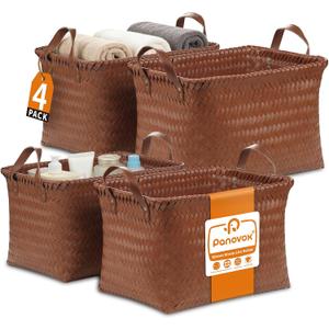 Hand Woven Baskets for Storage, 4Pcs Water-Resistant Wicker Baskets, Brown Wicker Storage Baskets for Shelves, Large Basket with Handle for Organizing, Clothes, Laundry, Blanket - Rectangular, Medium