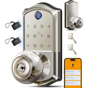Veise VE018 Smart Knob Handle Lock - Fingerprint, App Control, Keyless Entry for Front Door and Bedroom, Electronic Digital Keypad, Auto Lock, Remote Access Sharing, IP55 Weatherproof, Satin Nickel