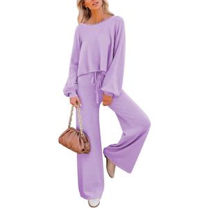 Pink Queen Women's 2 Piece Lounge Outfit Sweater Set Long Sleeve Crop Knit Top and Wide Leg Long Pants Sweatsuit (Purple, XL)