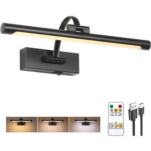 Tassuowell Wireless Battery Operated Picture Light, Rechargeable Wall Light with Remote and Timer,15.75 Inch Black Dimmable Painting Light,3CCT with Adjustable Swing Arm for Display Gallery Lighting