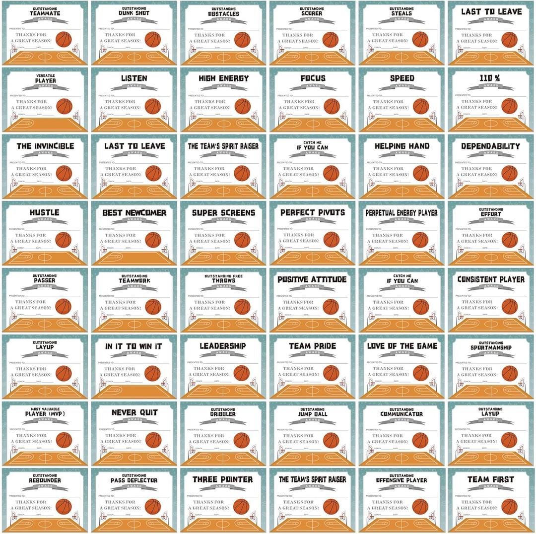 48 Pcs Basketball Award Certificates End of Season Basketball Team Awards Sports Ceremony Certificate of Achievement Sports Achievement Award Certificates Athletic Awards 8.5x11''