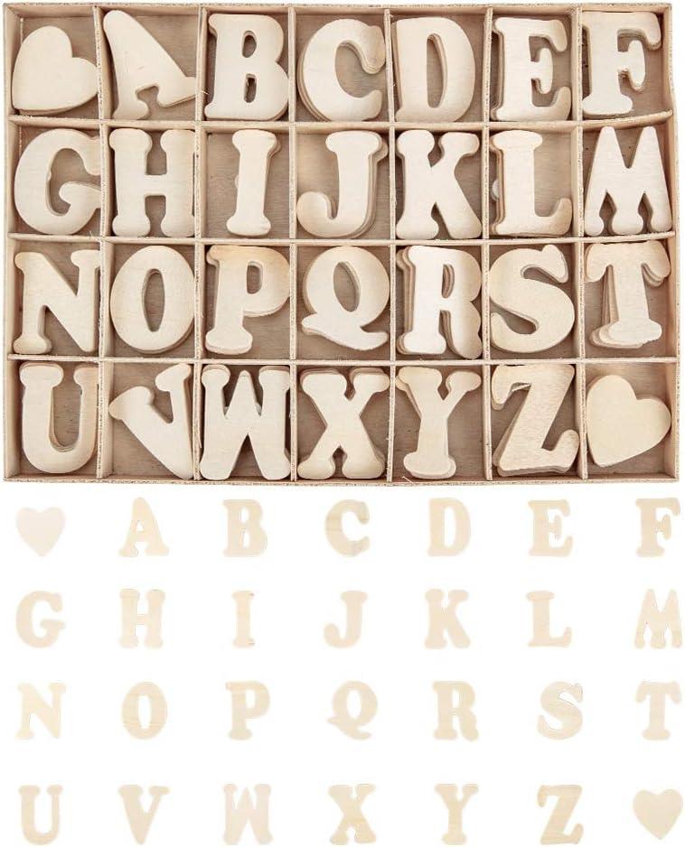 PandaHall 112pcs 1.5 Inch Wooden Letters A~Z Heart Set- Small Wooden Capital Letters with Storage Tray - Wooden Alphabet Craft Letters Smooth Natural Wooden for Arts Crafts DIY Wedding Display Decor