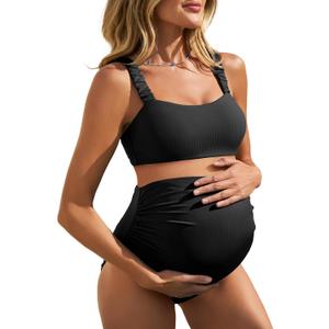 Summer Mae Ribbed Maternity Bikini Swimsuit for Women High Waisted Two-Piece Bathing Suit Crop Top Pregnancy Swimwear (16, Black)