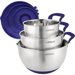 Hillbond Mixing Bowls with BPA Free Airtight Lids Stainless Steel Nesting Bowls with Pour Spout, Silicone Handle Non-Slip Bottoms for Baking, Dishwasher Safe Metal Bowls, 1.5, 3, 5 QT (Blue)