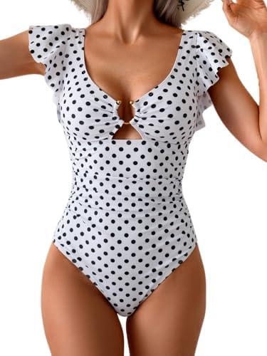 Eomenie Women's One Piece Swimsuit Tummy Control Bathing Suit Cutout Ruffle Slimming Swim Suit, Size: L