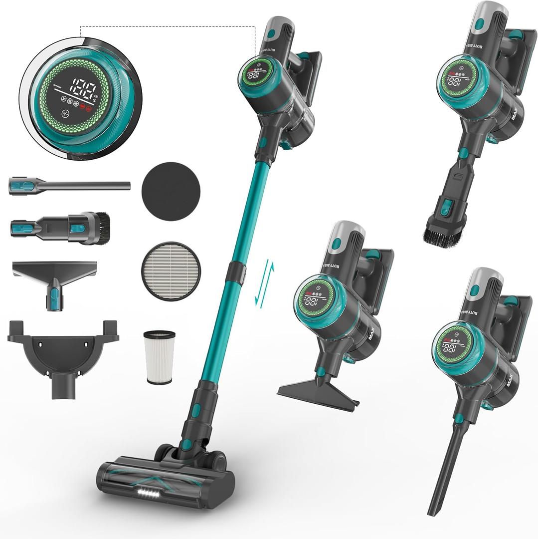 Cordless Vacuum Cleaner, Stick Handheld Rechargeable 4-in-1 Vacuum for Home Hardwood Floor Carpet Pet Hair Dust Cleaning, 45Kpa Powerful Up to 50Mins Running Time, LED Display Screen (Advanced Blue)