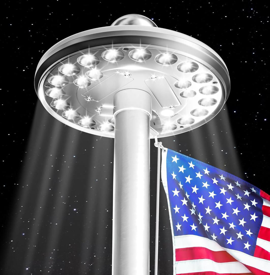 Deluxe Flag Pole Light Solar Powered - 1300 Lumen for Flagpole - Light Up American Flag Outdoor from Dusk to Dawn for 12+ Hours - 100% Coverage Silver Flag Light