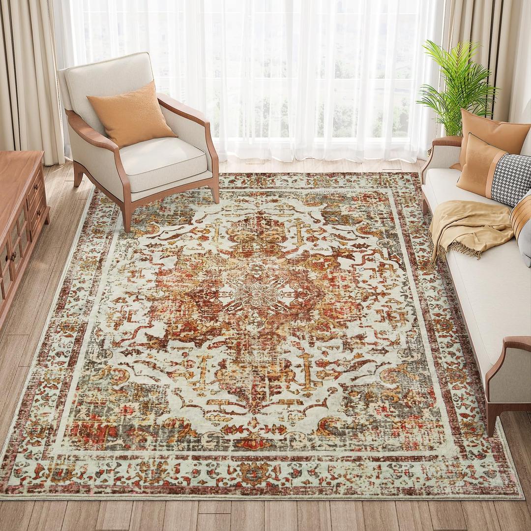 Topllen Washable Area Rug - 4'x6' Boho Living Room Rug, Non-Slip Soft Rugs Indoor for Bedroom Dining Room Office, Vintage Throw Carpet Stain Resistance (Khaki, 4x6ft)