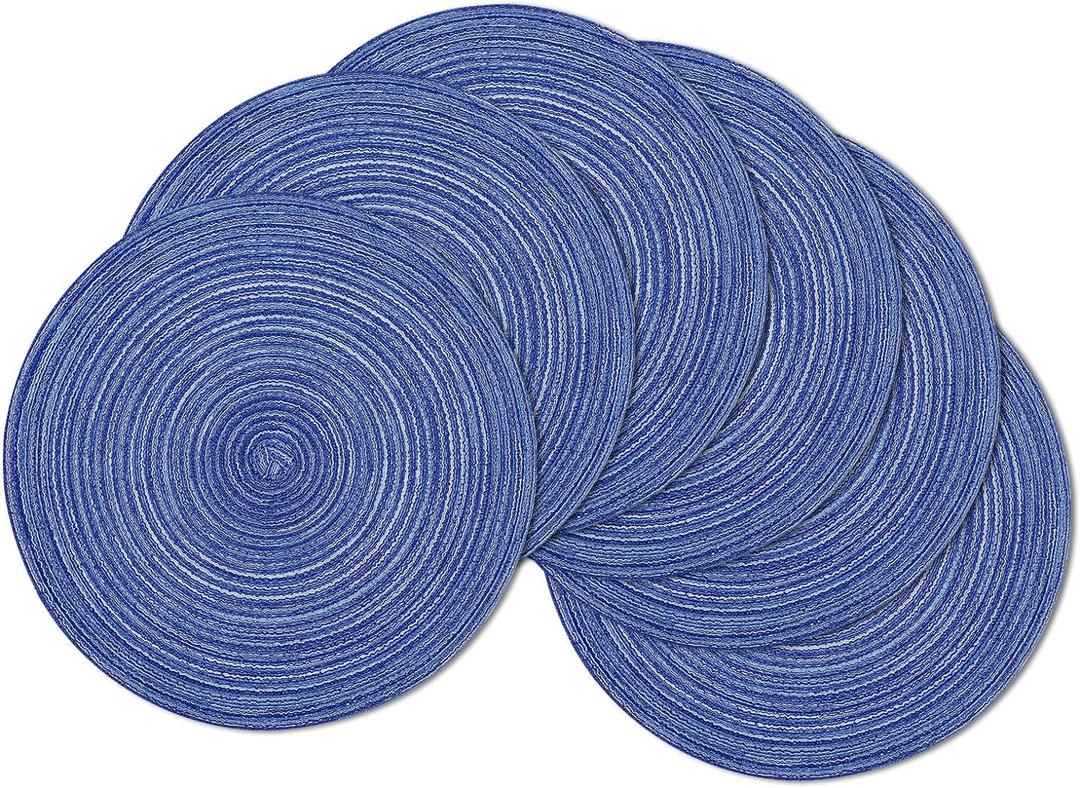 SHACOS Round Braided Placemats 15 inch Set of 6 Washable Kitchen Table Placemats for Home Wedding Party (Blue White, 6)