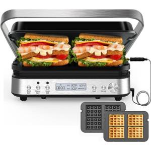 CATTLEMAN Panini Press Grill Sandwich Maker with Removable Plates, 1600W, 6 in 1 Indoor Grill with Meat Thermometer, Electric Contact Grills for Kitchen, Stainless Steel