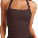 LASLULU Womens Sexy Halter Sports Bra Workout Tops Wirefree Sleeveless Gym Yoga Tank Tops Y2k Casual Crop (Brown, L)