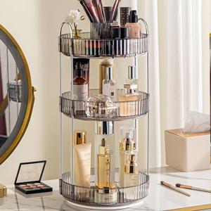 Aveniee 360 Rotating Makeup Organizer for Vanity, Upagraded Perfume Skincare Bathroom Counter Organizers with Brush Divider, 3 Tier Spinning Lipstick Cosmetic Lotion Storage,Grey