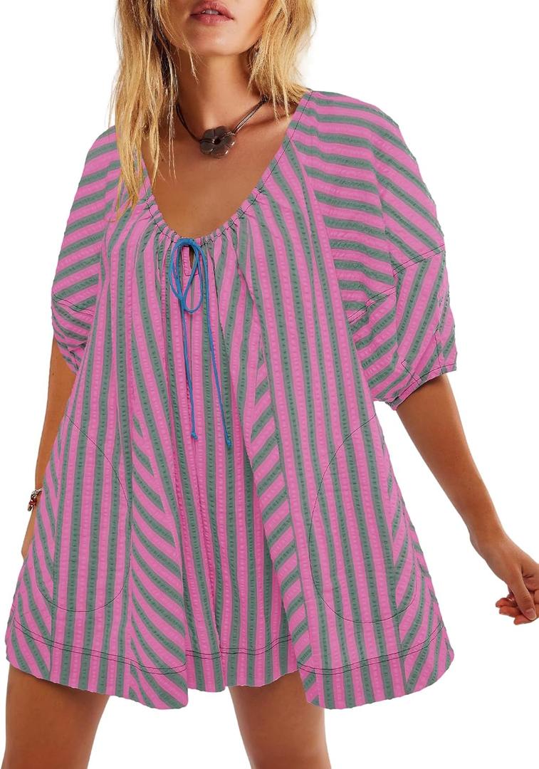 Yanekop Womens Romper Dress with Shorts Striped Romper Overall Oversized Short Jumpsuit V Neck Puff Sleeve Mini Dress (Small, Hot Pink Green)