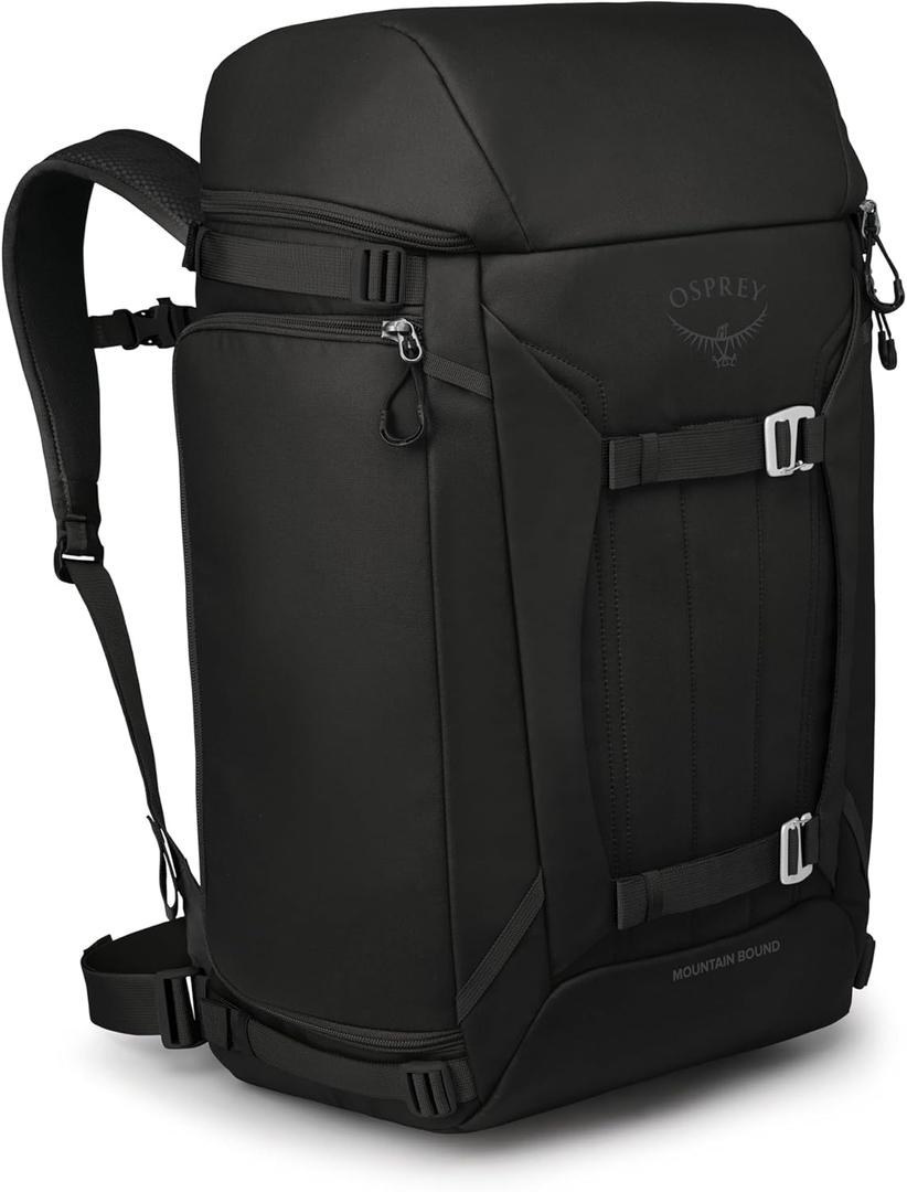 Osprey Mountain Bound Ski & Snowboard Boot Bag Plus - Boot Backpack with Vertical Snowboard Carry and A-Frame Ski Carry - Premium Winter Luggage with Shoe Mat and AirScape Technology, Black