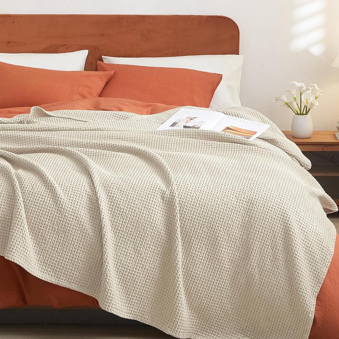 PHF Pre-Washed Cotton Waffle Weave Blanket King Size for Bed,Snag Proof Lightweight Breathable Throw for Couch Spring Summer, Oeko-TEX Certified,Machine Washable, Home Decor Gift-Linen/Stone
