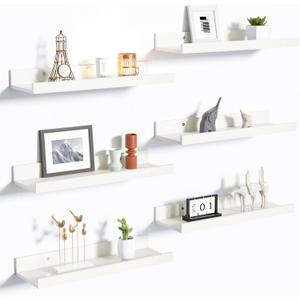 Upsimples Floating Shelves For Wall, Wall Shelves For Decor Storage Set Of 6, Wall Mounted Wood Shelf For Bedroom, Living Room, Bathroom, Kitchen, Picture Ledge Shelf, White (15.7 In)