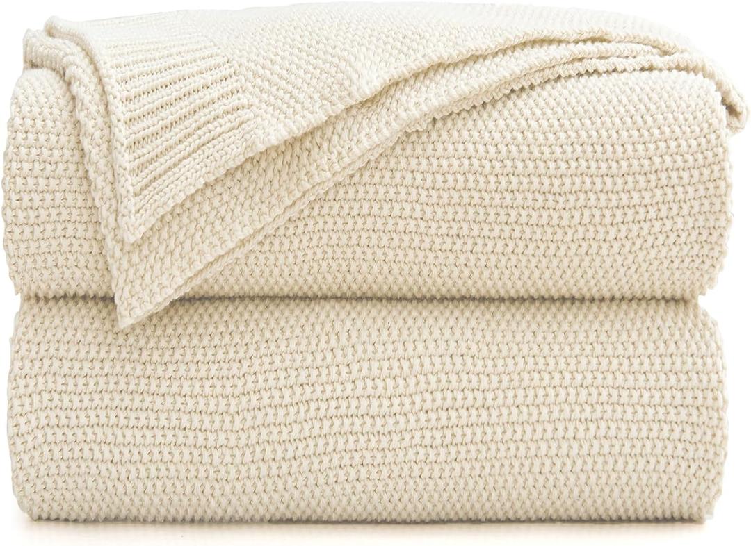 Longhui bedding Cream Cotton Cable Knit Throw Blanket for Couch Sofa Bed, Home Decorative Throw Blanket for Couch, Lightweight Woven Throw Blankets with Bonus Laundering Bag, 3.4 Pounds 60 x 80 Beige