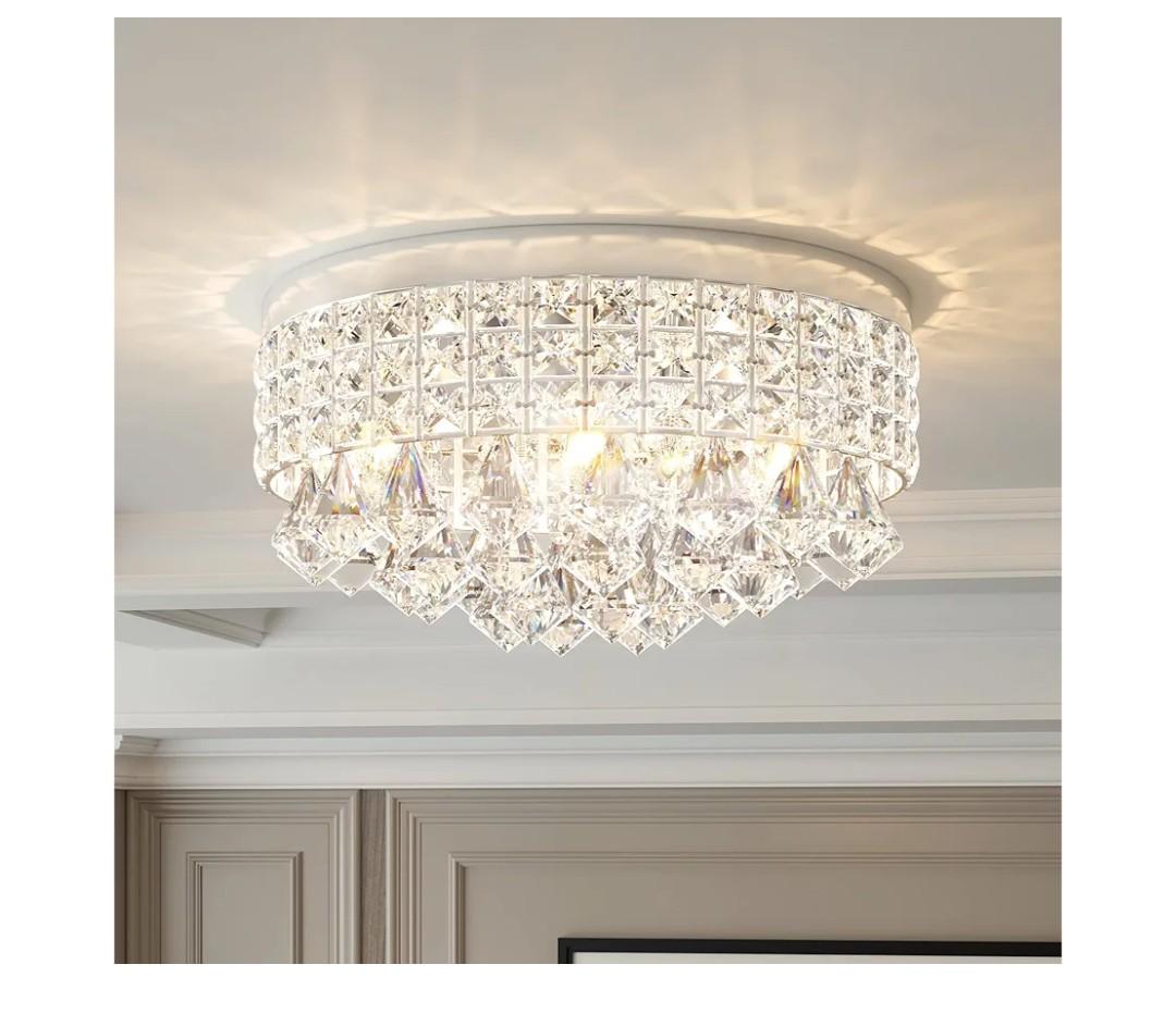 Maxax 4 Lights Crystal Chandelier, Modern Drum Ceiling Light Fixture Lamp, Raindrop Flush Mount Round Metal Shade, for Dining Room, Living Room, Bathroom, Bedroom, Chrome