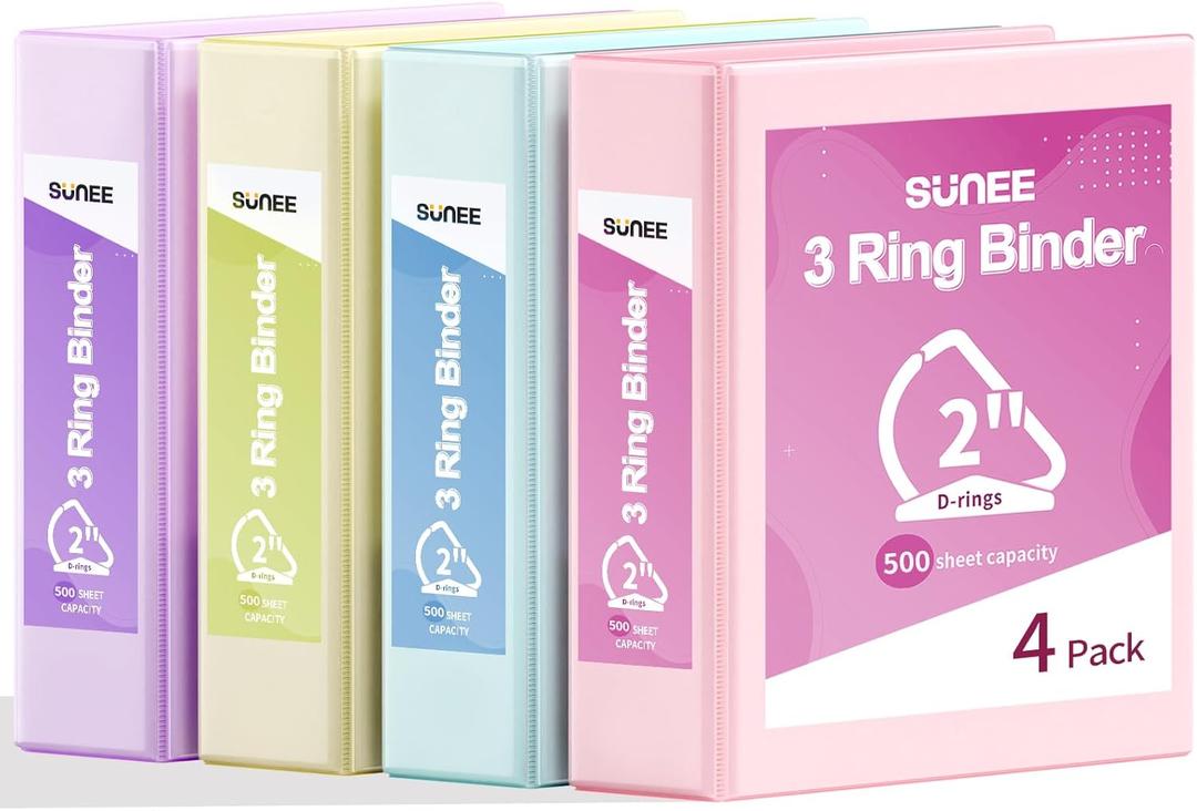 SUNEE 3 Ring Binder 2 Inch, Clear View Binder Three Ring PVC-Free (Fit 8.5x11 Inches) for School or Office Supplies, Assorted Pastel, 4 Pack