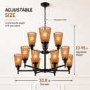 OVANUS 12-Light Rattan Chandelier, 2-Tier Boho Farmhouse Wicker Ceiling Fixture for Dining Room, Kitchen Island and Foyer, Black Brown