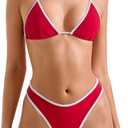 SUUKSESS Women Sexy Thong String 2 Piece Bikini Set Cheeky Halter Swimsuit (4-6, 71 Red White)