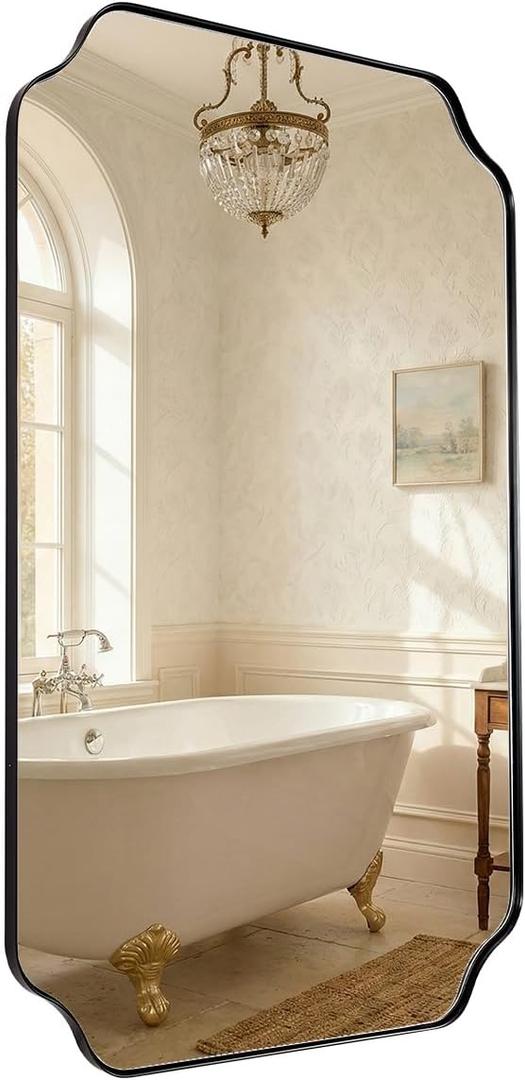 MIRRORART Black Scalloped Mirror 24x40'', Transional Rounded Notched Corner Bathroom Rectangle Vanity Mirror in 1 Seamless Stainless Steel Metal Frame Wall-Mounted Vertical/Horizontal, HD Mirror