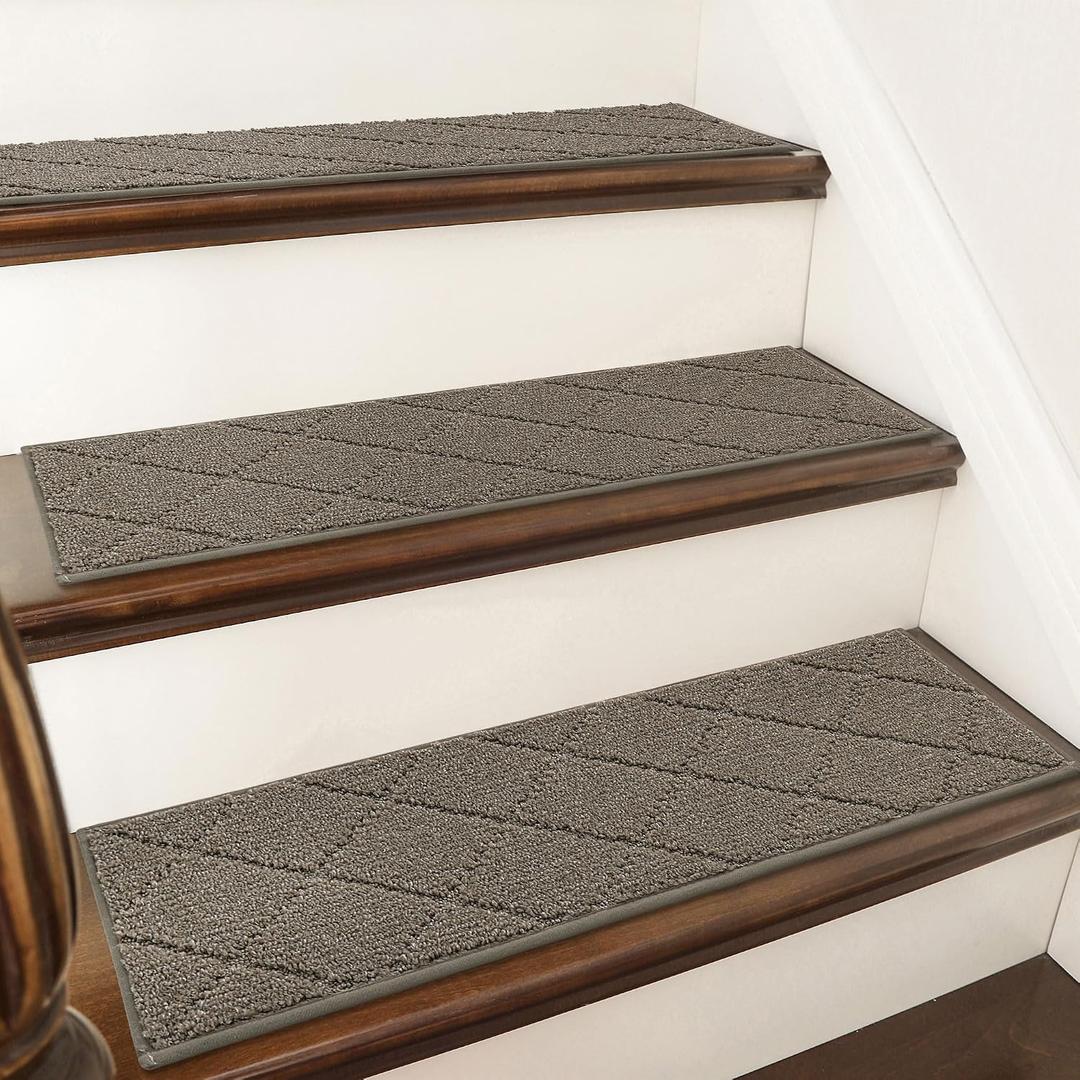 COSY HOMEER Stair Treads for Wooden Steps 9"x28" Washable Indoor Carpet Stair Treads Non Slip Soft Polyester Stair Carpet Tread Reusable Stair Runner Rugs for Kids, Elders,Pets,Light Brown,15pcs