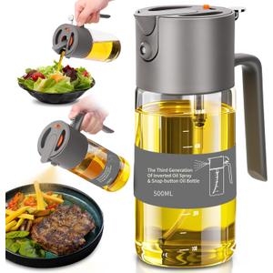Oil Sprayer for Cooking, 2025 Large Advanced Olive Oil Dispenser Bottle,500ml/17oz Glass Olive Oil Sprayer,2 in 1 Even Spray with Portion Control for Kitchen, Air Fryer, Salad, BBQ - Gray