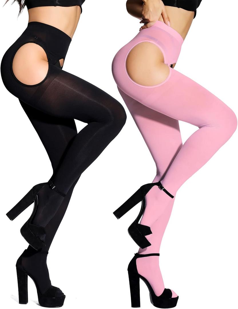 SUREPOCH Suspender Tights for Women Plus Size Garter Belt White Control Top Pantyhose (3X-Large-4X-Large, Black&pink Two Pairs)