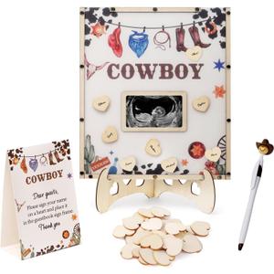 Cowboy Baby Shower Decorations,Western Baby Shower Guest Book Alternatives with Cowboy Pen,60 Heart Wood Slices for 60 Guests,My First Rodeo Birthday Party Decorations Boy or Gir