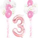 KUNGYO 3rd Birthday Party Decor Kit - Giant Rose Gold Number 3 Foil Balloon, Pink Ribbons, Latex Confetti Balloons, 18 Pieces Party Supplies for Girl Birthday Anniversary Ceremony