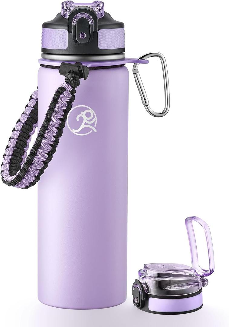 GOSWAG Insulated Sports Water Bottle, 24oz 2 Lids(with Straw/No Straw), Stainless Steel Water Bottles with Paracord Handle, Insulated Bottle with Double-Wall Vacuum Insulation (Matte Lilac)