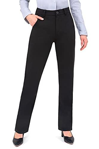 Bamans Dress Pants for Womens Work Business Pants Tummy Control Office Straight Leg Professional Trousers High Waisted Ladies Slacks Black 30" Inseam M
