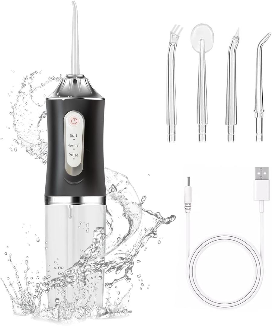 Water Dental Flosser Teeth Irrigator with 3 Modes Cordless Water Teeth Cleaner with 4 Replace Sprinkler Head IPX7 Waterproof Rechargeable Portable for Travel Home Braces Bridges Care (Black)