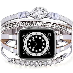 VISOOM Beaded Boho Bracelet Compatible for Apple Watch Band 46mm/45mm/44mm/42mm Series 11 10 9 8 7 SE Series 6/5/4 Women Leather Fashion Cute Handmade Multilayer Wrap Watch Straps for iWatch Bands 3/2/1