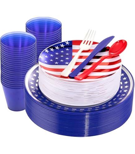 PULOTE 25PCS 4th of July Plates&Blue White Red Plastic Silverware&Clear Blue Cups, American Flag Plastic Plates Idea for Independence Day PULOTE 25PCS 4th of July Plates&Blue White Red Plastic Silverware&Clear Blue Cups, American Flag Plastic Plates Idea for Independence Day