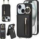 Crossbody Wallet Case for iPhone 12/12 Pro with Lanyard Strap Card Slot Holder RFID Blocking Ring Kickstand,Magnetic Flip Folio Zipper Purse Case, PU Leather Cover Handbag,Black
