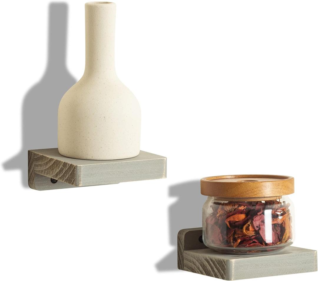 Freezing point Small Floating Shelf for Wall Set of 2 Natural Wood 4Inch Mini Wall Shelves Decor Plant Display Mounted Kitchen Bathroom Bedroom Corner Decorative Storage Tiny Stand New Grey (44)