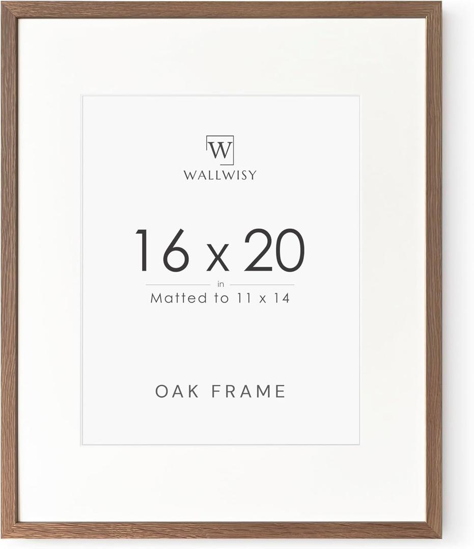 16x20 Picture Frame, Solid Oak 16 x 20 Picture Frame with Mat, 16x20 Natural Wood Frame for Wall Art Photo, (Walnut Set of 1)