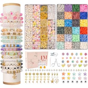 Clay Beads 8500 Pcs 2 Boxes Bracelet Making Kit - 24 Colors Polymer Clay Beads for Bracelet Making Set - Heishi Disc Beads for Jewelry Making kit with Charms and Gift Pack for Girls (fashion)
