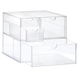 Prsildan Acrylic Drawer Makeup Organizer with 4 Drawers, Set of 2 Office Desk Organizers Accessories, Clear Stackable Storage Drawers for Vanity, Countertop, Craft, Jewelry, Art Supply Organization
