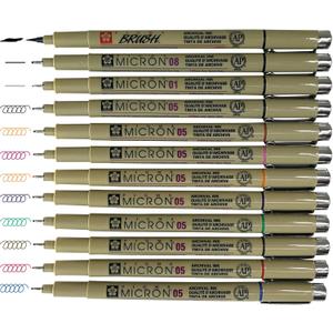 Sakura Pigma Micron pens 12 Fineliner Drawing Set (05 Assorted Color with Black Brush, 08, 01 & 05)