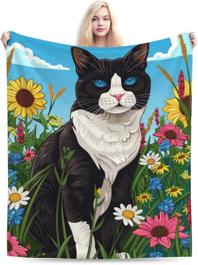 Cute Tuxedo Cat Blanket 50"x60", Cute Black and White Cat Throw Blankets, Gifts for Women Girls Kids, Soft Lightweight Fleece for Sofa Room Couch Bed Travel Modern Decor
