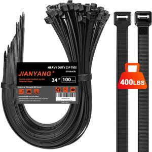 Long Zip Ties Heavy Duty 24 inch400 LBS Tensile Strength With Double Sided Toothed Super Durable Cable Ties Extra Large Wire Ties Adjustable Nylon Tie Wraps for Indoor Outdoor 100 Pack Black