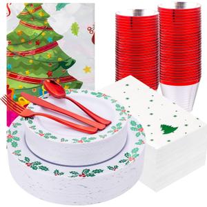 GATHER 176Pcs Christmas Plastic Plates - Heavy Duty Christmas Dinnerware Set Includes 50 Plates, 75 Red Plastic Silverware, 25 Cups, 25 Napkins and 1 Tablecloth for Xmas Party (Green)