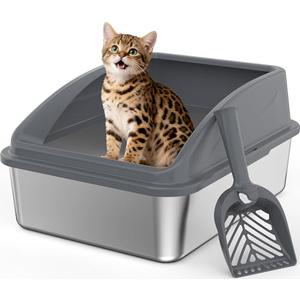 Stainless Steel Litter Box, Metal Kitty Litter Box with Scoop, Anti-Leakage Top Entry, Non-Sticky, Easy to Clean