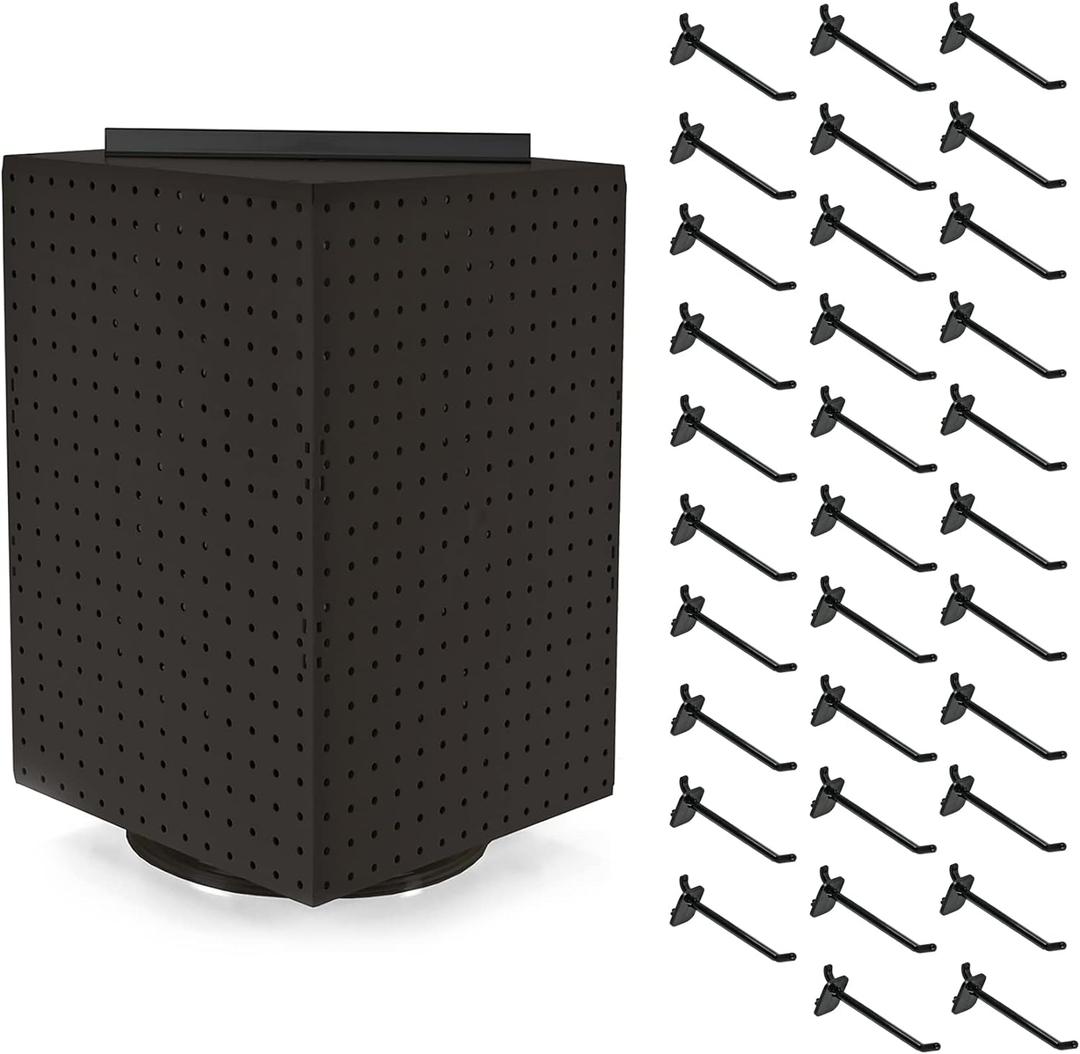 Azar Displays 701414-BLK-4B32 Rotating Countertop Display Kit with Peg Hooks Included, Pegboard Spinner Organizer, Jewelry Organizer Retail Display Necklace Holder Craft Storage,Black 14"x14"x20"