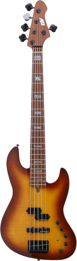 IYV, 5-String IYV-IPJB-500A Solid Body with Flame Maple Electric Jazz Bass, Natural, Honey Burst (IPJB-500)