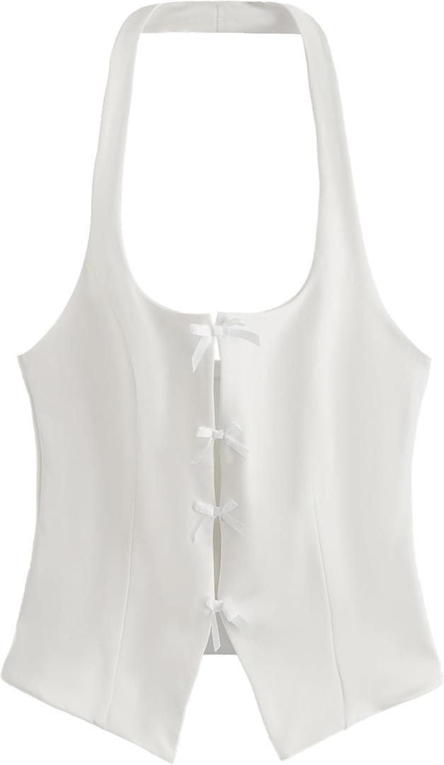 Milumia Women's Backless Halter Crop Top Y2K Bow Front Cut Out Sleeveless Going Out Tank Tops (Medium, White)